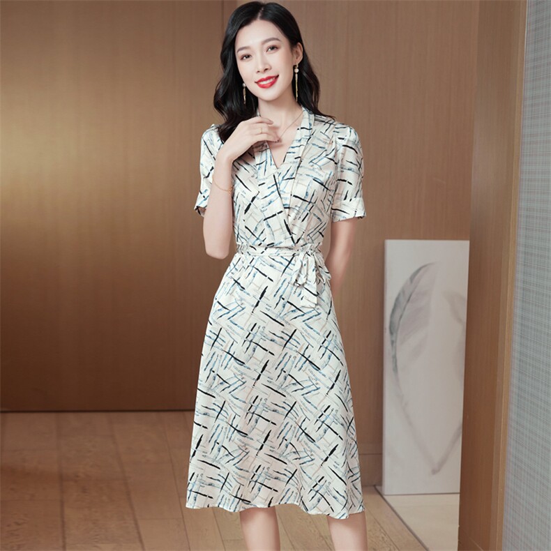 印花重磅真丝连衣裙女中长款2025新款年轻妈妈装系带桑蚕丝A字裙,女装连衣裙,阿舍尔精品