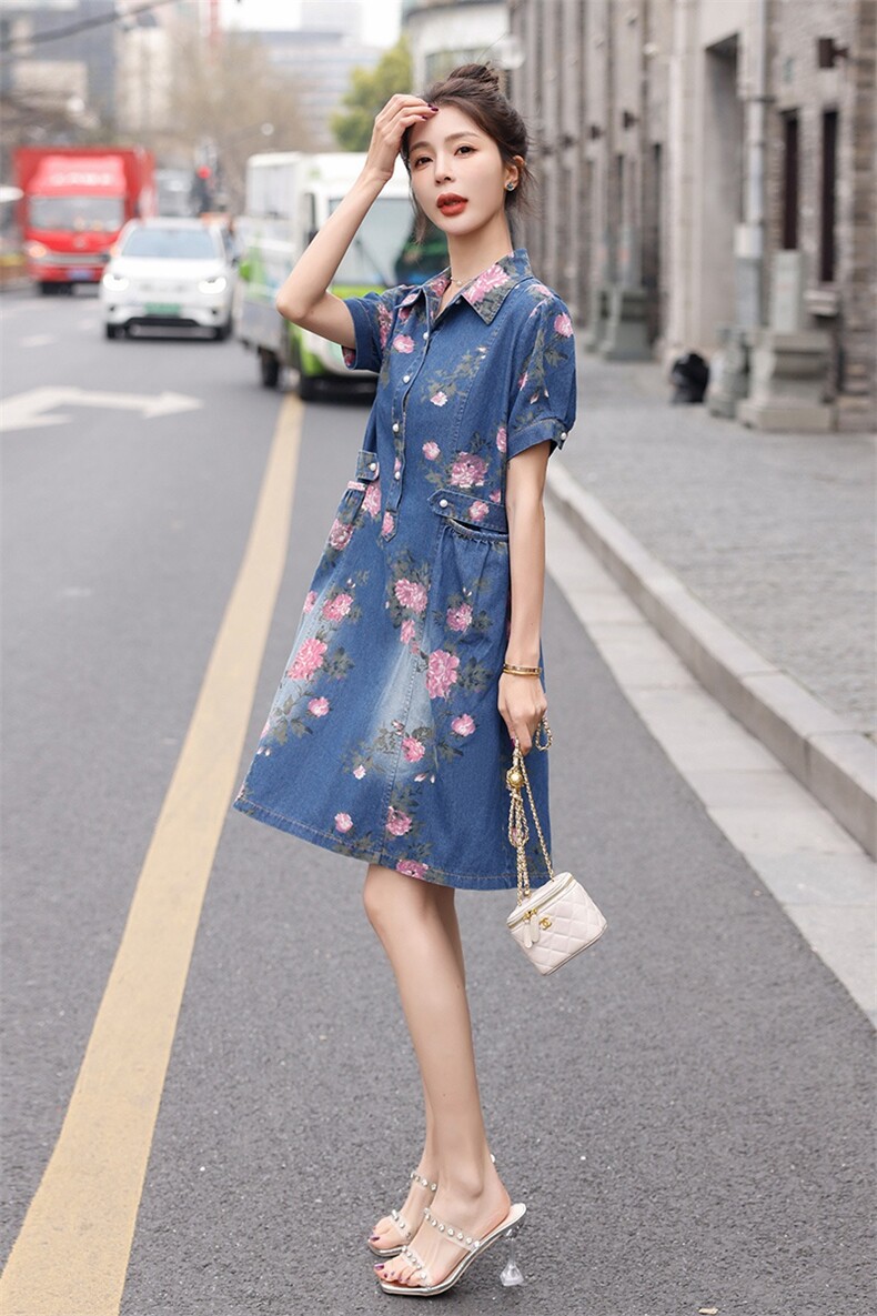 时尚牛仔印花连衣裙修身显瘦高腰A字裙夏季新款,女装连衣裙,秋水欣儿