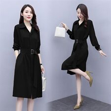 2021年秋季纯色通勤淑女长袖中长款系带口袋连衣裙，女装连衣裙，安之芮娜
