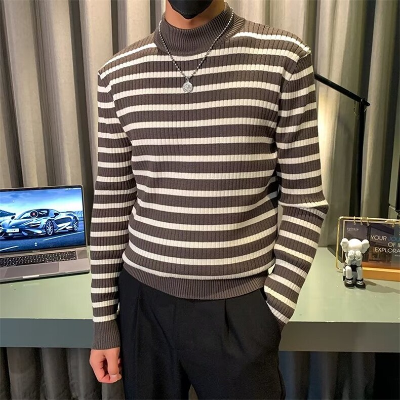 条纹毛衣男士秋冬季半高领打底针织衫修身韩版长袖毛线衣百搭图片