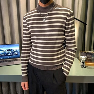 条纹毛衣男士秋冬季半高领打底针织衫修身韩版长袖毛线衣百搭图片