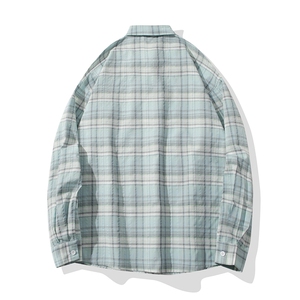 B413-1-DX067美式休闲复古长袖格子衬衫男宽松百搭日系潮流衬衣服图片