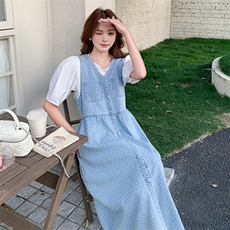 波点牛仔背带连衣裙两件套女2025年夏季新款韩系青春减龄休闲套装，女装套装/套裙，2C306