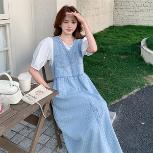 波点牛仔背带连衣裙两件套女2025年夏季新款韩系青春减龄休闲套装图片