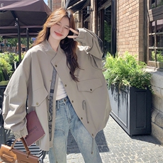 甜酷设计感休闲立领外套女2025秋季韩系宽松超火洋气印花拼接外套，女装风衣，2C122
