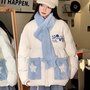 韩系学院风polo领毛茸围巾棉衣外套女学生冬季新款氛围感百搭棉服图片