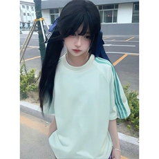 抖音得物品质二开240克宽松纯棉美式潮牌印花三条杠中性风短袖T恤，男装T恤，电商A486