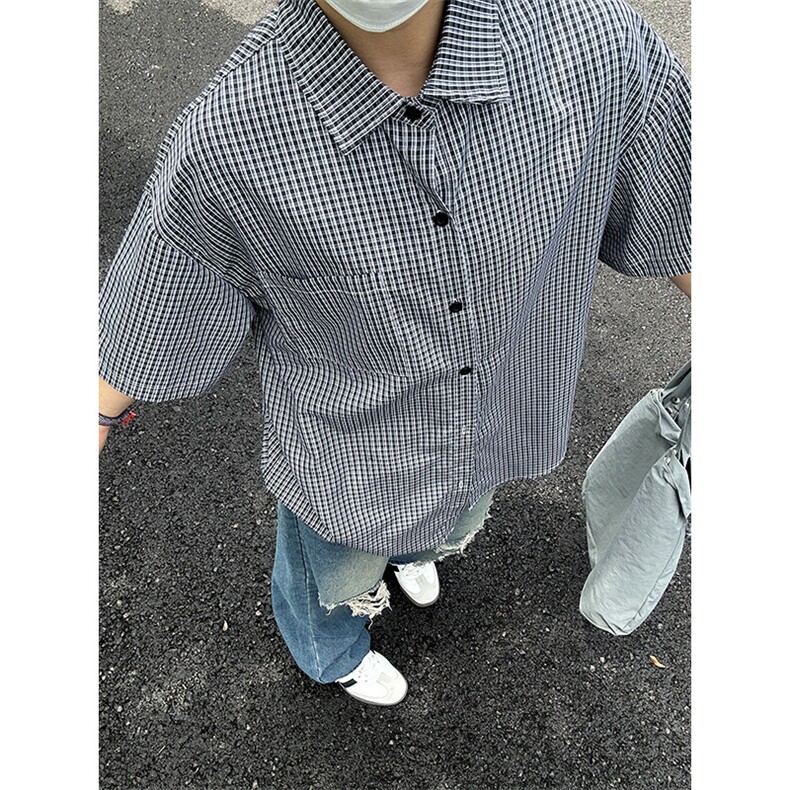 格子衬衫春夏美式短袖衬衫港风情侣装休闲衬衣 CS286-P30图片