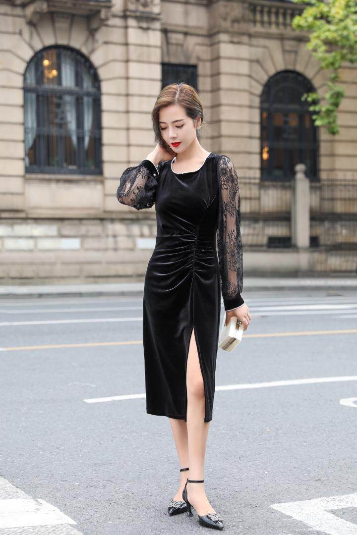 淑女范儿蕾丝拼丝绒连衣裙，女装连衣裙，艾妮莉