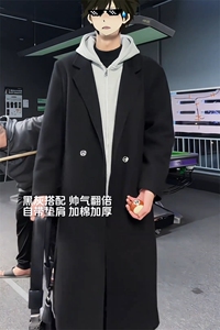黑色中长款毛呢大衣男款冬季加厚呢子风衣外套310A-F88-P80图片