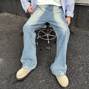 美式高街倒穿设计感牛仔裤欧美hiphop炸街裤子男倒装裤宽松直筒裤,欧美尖头靴搭配教程图片