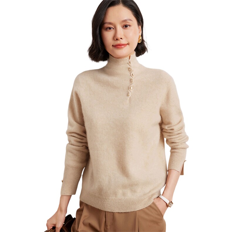 时尚女士高领套衫优雅扭扣设计显瘦修身开叉袖,女装羊绒衫,臻维羊绒