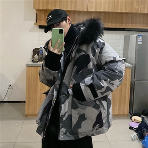 港风2019冬季新款韩版宽松连帽大毛领迷彩棉衣男加厚外套D56图片