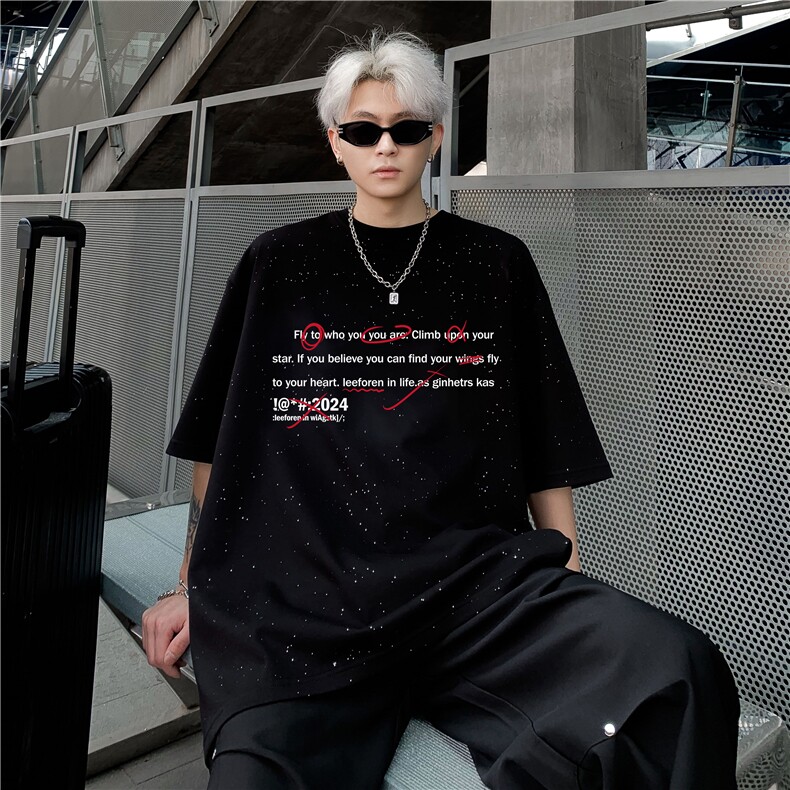 美式复古满天星重工反光短袖T恤男女情侣款宽松圆领休闲上衣特p28,男装T恤,电商C307A
