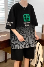 夏上新学生潮毛巾绣半袖套装百搭印花短裤T恤男女6639-P60控价88，男装T恤，电商A441-1