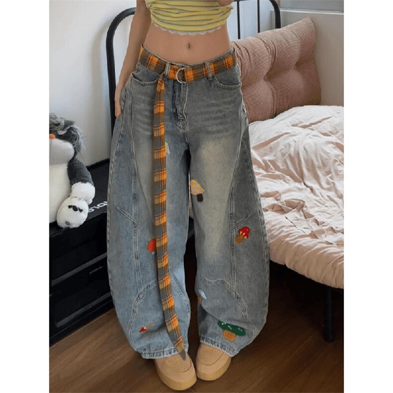 美式高街复古立体刺绣配腰带阔腿牛仔裤男女显瘦直筒弯刀拖地裤潮,男装牛仔裤,电商A486