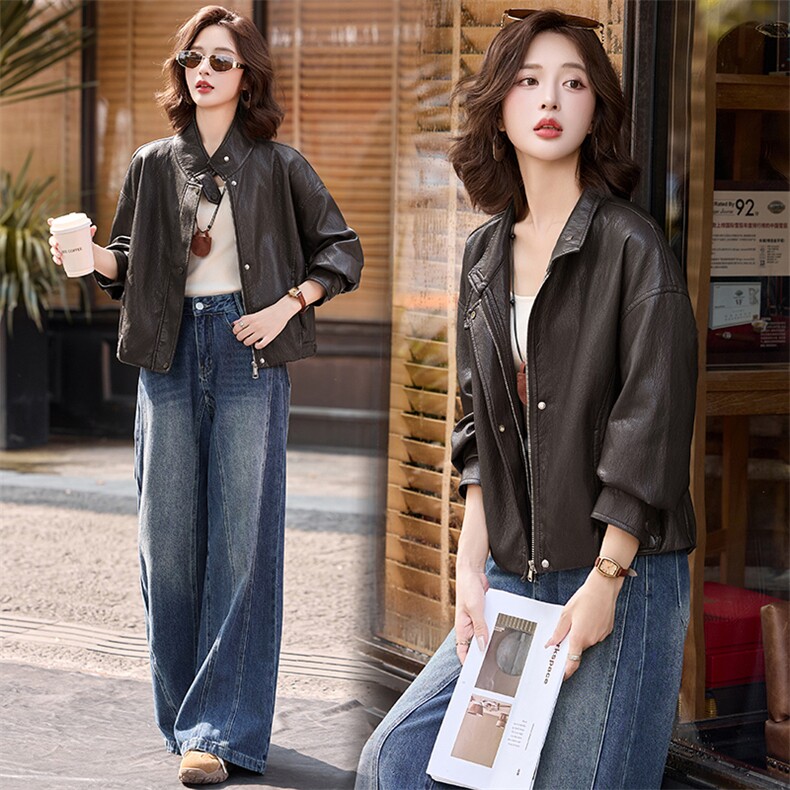 2025秋装新款简约摩登风尚复古机车皮衣外套，女装皮衣，魅丽静蓝