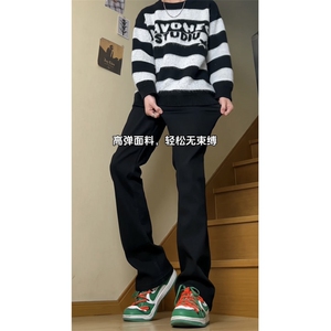 马吉拉牛仔裤秋冬裤美式黑色高街弹力修身微喇叭裤GJ320P45加绒55图片