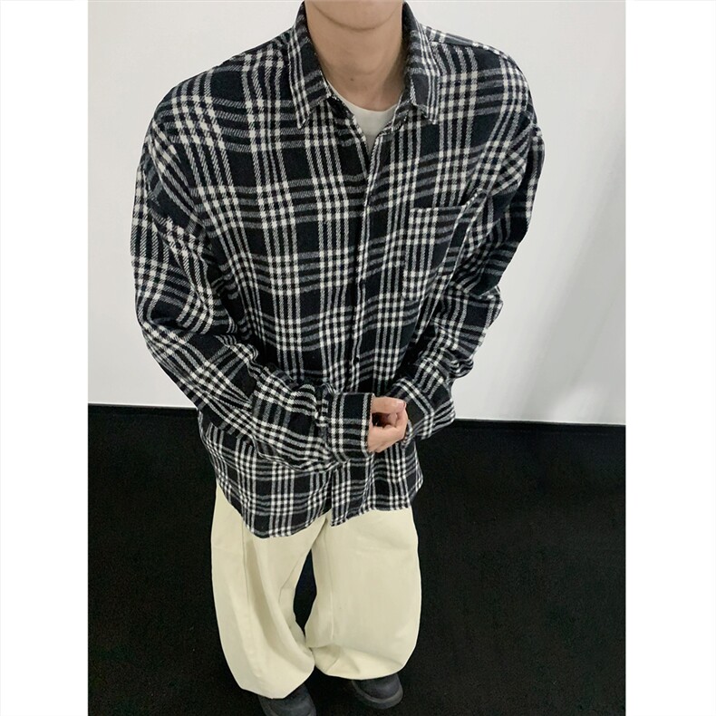 现货~磨毛格子大码长袖衬衫C5891/特P25黑,男装衬衫,电商A094