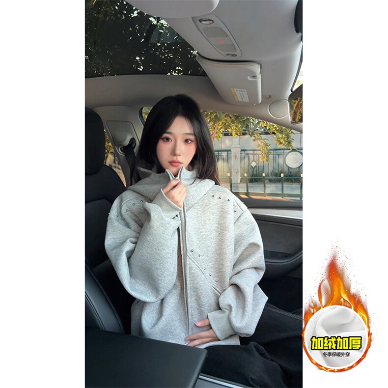 480G重磅加绒硬挺boxy男女秋冬美式高街卫衣铆钉拼接开衫厚外套,女装短外套,电商A486-1
