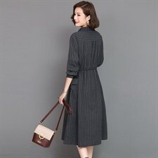 【全年有货，不下架】秋冬加厚连衣裙女长袖条纹棉麻裙中长款，女装连衣裙，3200格调
