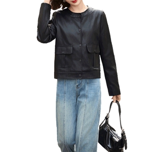 2025春秋季新款高级感质感长袖短款圆领pu皮衣夹克欧美时尚外套女图片