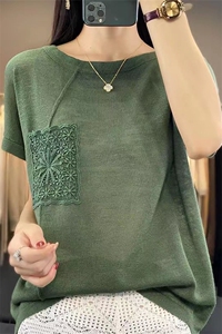 短袖T恤女士2025新款夏季高级感重工上衣宽松大码女装冰丝针织衫图片