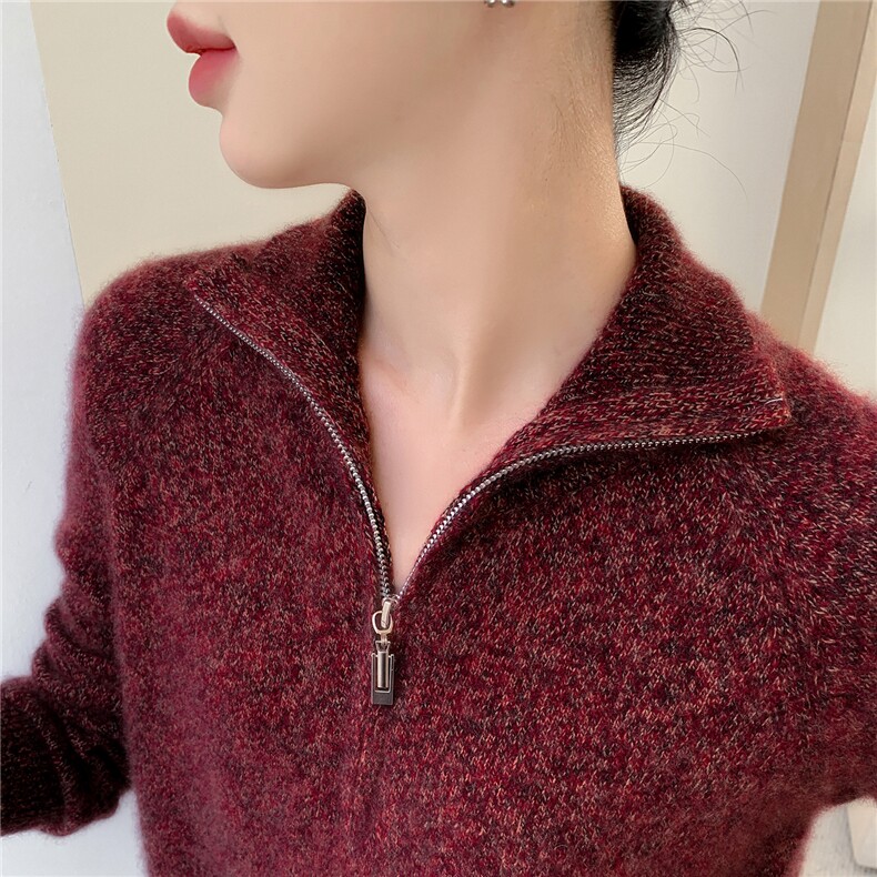 2025新款7针重工加厚花纱半拉链,女装羊绒衫,百越羊绒