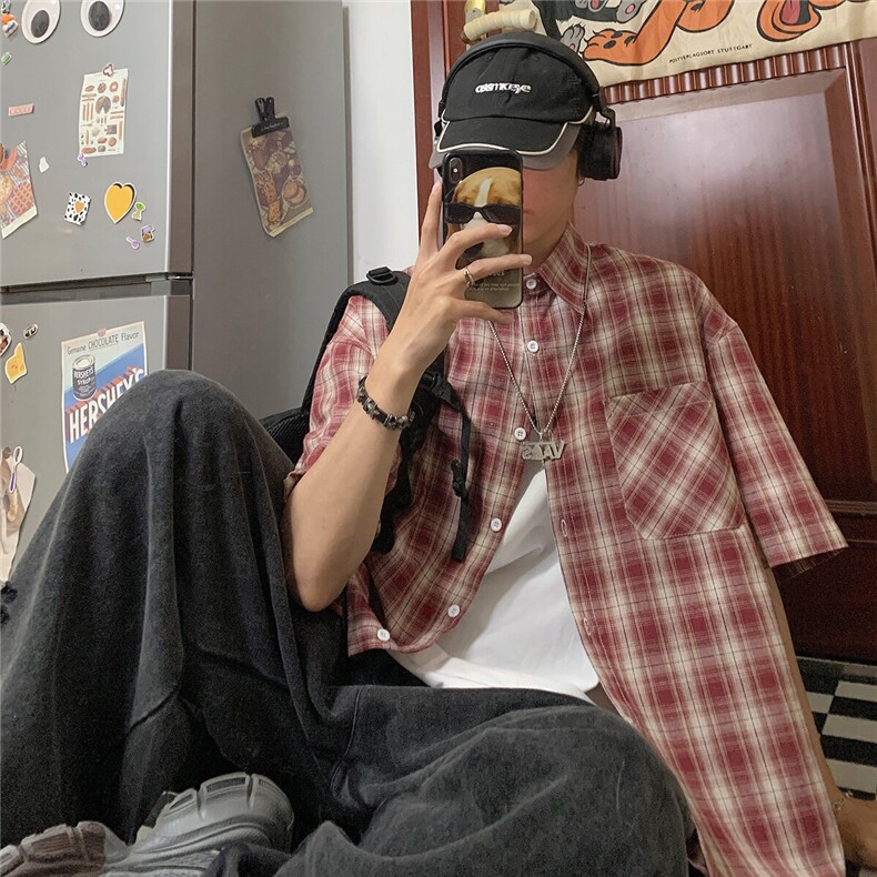 特批2025港风自拍宽松时尚方格短袖衬衫男生衬衣S221P38控58,男装衬衫,电商A247