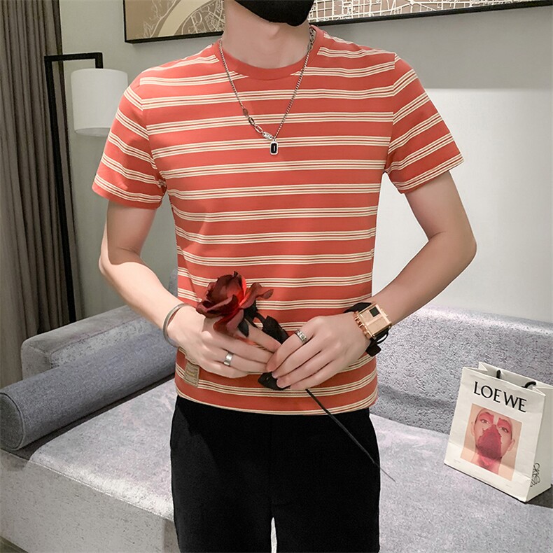 红 夏装小伙圆领条纹痞帅体恤男休闲上衣男士T 301A-1/T38/P45图片