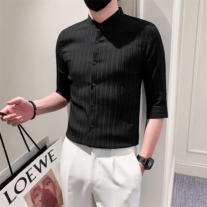 店主风社会小伙男士立领纯色中袖衬衫男痞帅衬衣301/CS398/P55,男装衬衫,星座301A-1