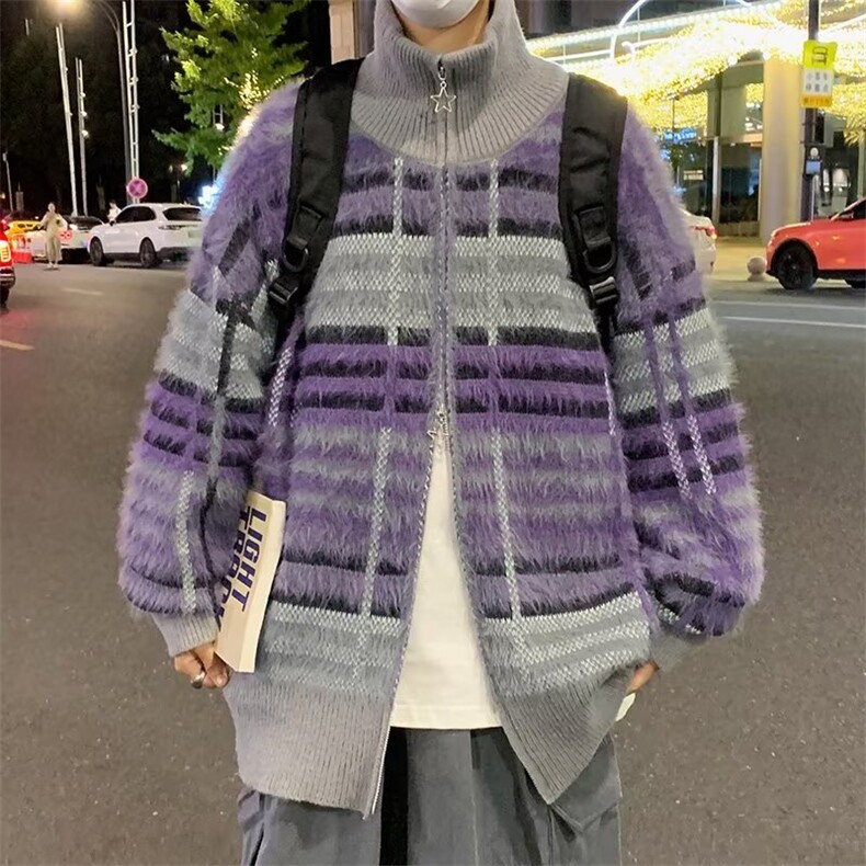 美式复古撞色开衫毛衣男慵懒风宽松加厚保暖线衣外套M1651-P70，男装针织衫/毛衣，星座512-4