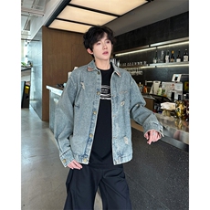 美式复古破洞拼接格子牛仔外套新款百搭设计感夹克，男装工装外套，星座410-6（原星座1304-1）