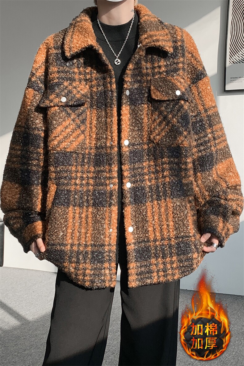 粗花呢格纹棉服复古大码夹棉加厚小香风毛圈格子呢外套LF101特P95,男装棉衣,电商B215