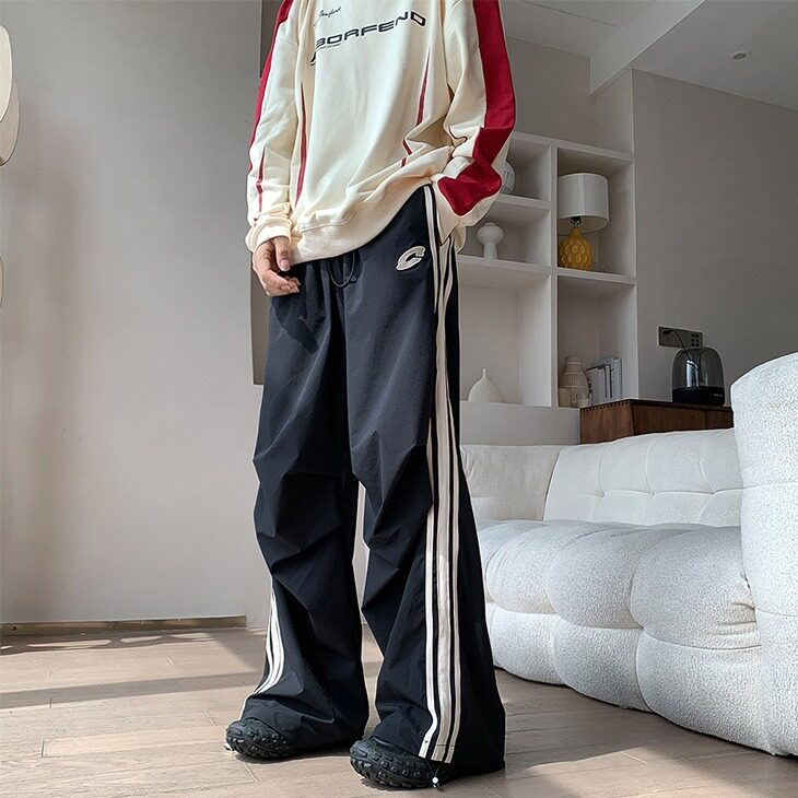 港风秋款男休闲裤三条杠条纹刺绣褶皱宽松长裤h0503P40,男装休闲裤,星座1013-1
