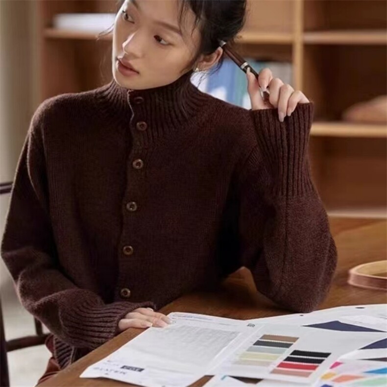 100%纯羊毛衫开衫女秋冬新款高领加厚排扣针织外套宽松羊绒衫上衣,女装羊毛衫,泰沅羊绒