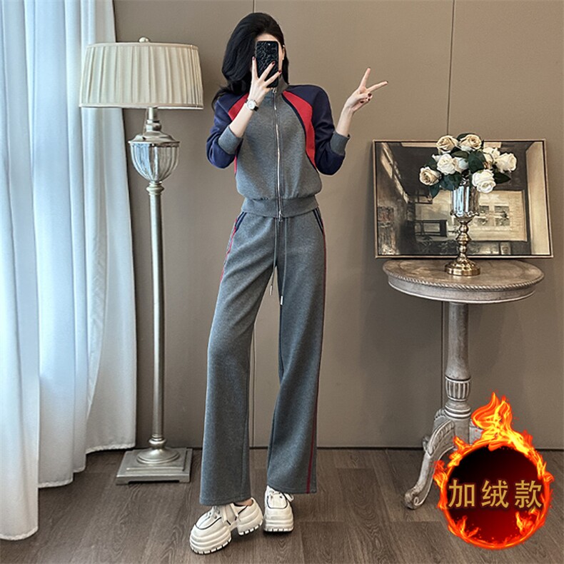 秋冬新款加绒撞色卫衣阔腿裤套装显瘦保暖时尚休闲两件套,女装套装/套裙,江南