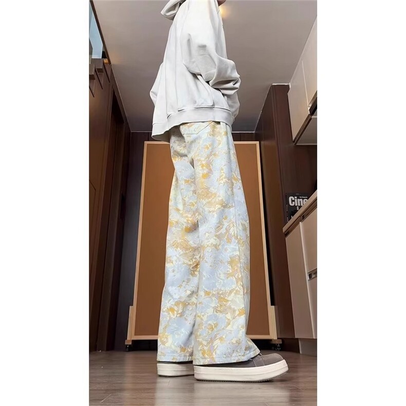 美式扎染满印牛仔裤男款潮牌水洗弯刀裤直筒微喇长裤CT111,男装牛仔裤,星座208-5