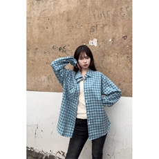 TC609-P45复古格子长袖衬衫女夏季慵懒风开衫polo领口格纹衬衣，女装衬衫，星座617A-2