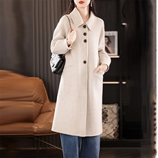 2024秋季新款纯色POLO领中长款双面呢大衣通勤百搭，女装双面呢大衣，贝源羊绒