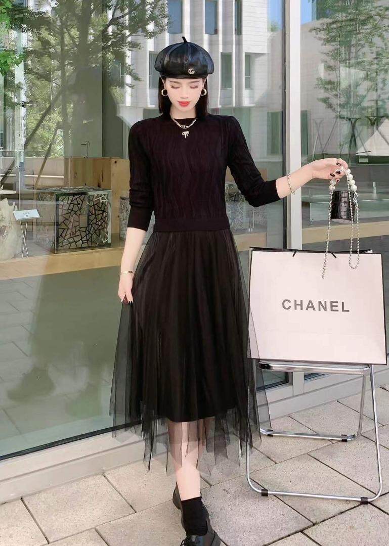 毛衣拼接连衣裙，两色，四个尺码，，女装针织衫/毛衣，依柏璐