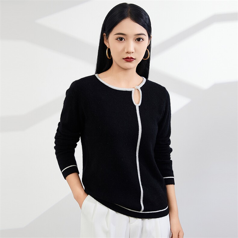 时尚百搭羊绒开衫优雅气质圆领撞色条纹毛衣,女装羊绒衫,美够羊绒