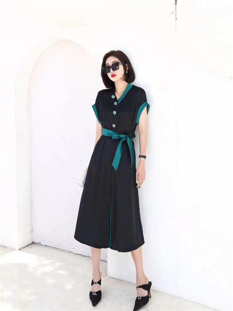 现货，撞色仿醋酸连衣裙，女装连衣裙，迪蔓君翔