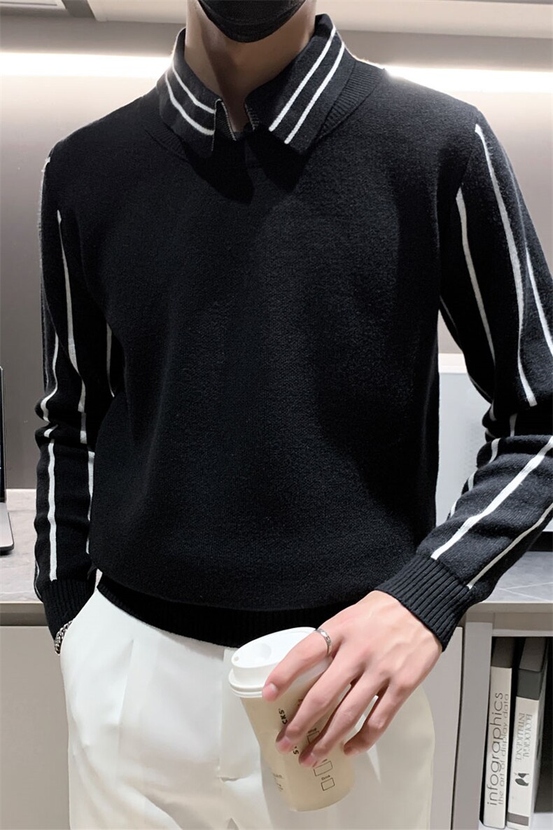 301A-1/M60/P75店主风小伙翻领假二件拼接针织长袖毛衣男打底衫,男装T恤,星座301A-1