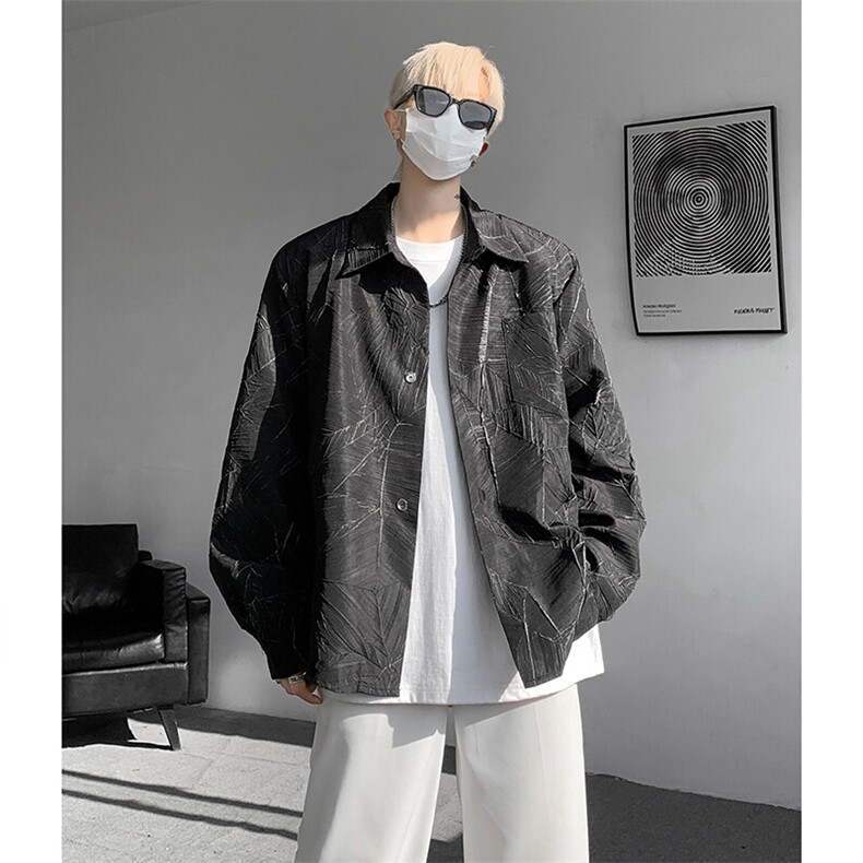 8XL-M小众解构肌理感裂纹垫肩花衬衫男高级感宽松衬衣男，男装衬衫，电商D206-1