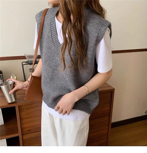 春秋新款无袖针织开衫女时尚V领显瘦背心外搭叠穿上衣图片