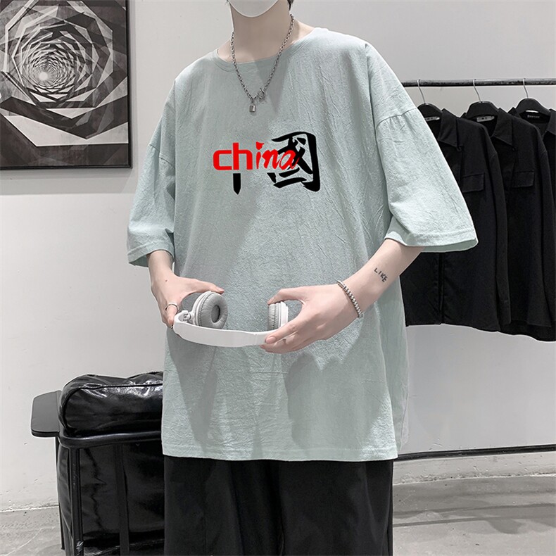 YT26189-P30NASA亚短袖t恤男大码五分袖男宽松七分袖港风模特,男装T恤,电商A040