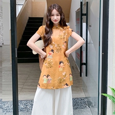 新中式复古印花改良旗袍套装女2025夏新款气质高级感阔腿裤两件套，女装套装/套裙，浙宝305