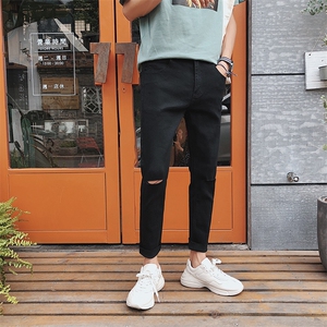 新款破洞九分裤男士牛仔裤修身韩版潮流小脚港风9分裤子N201图片