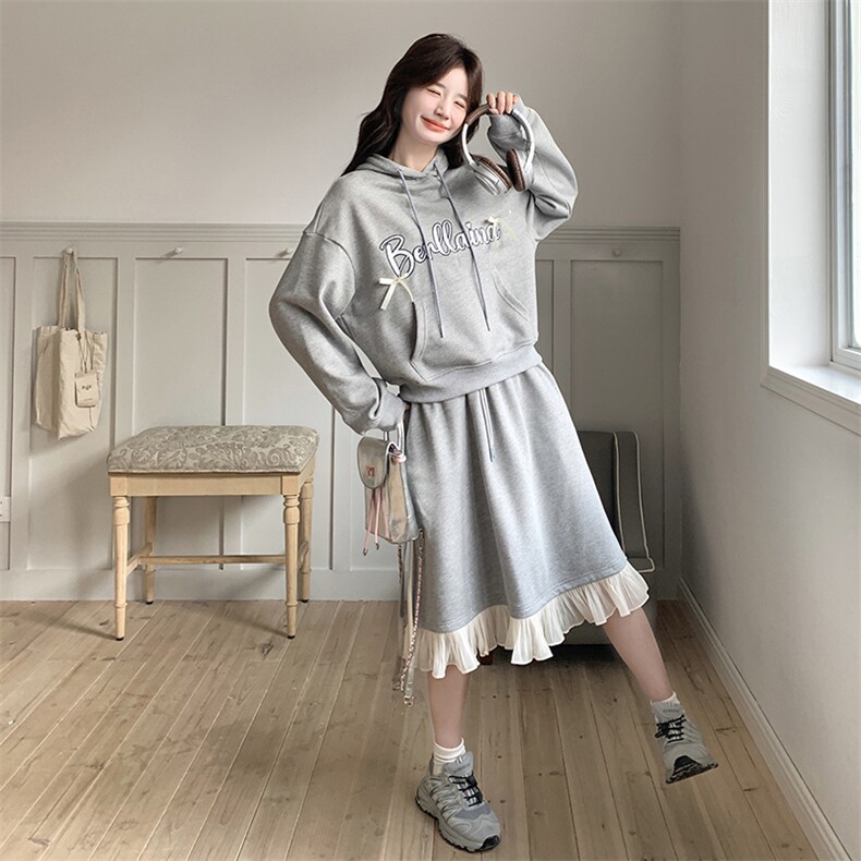 灰色连帽卫衣套装女春2025新款学院风减龄木耳边拼接半身裙两件套,女装套装/套裙,天使之佳话